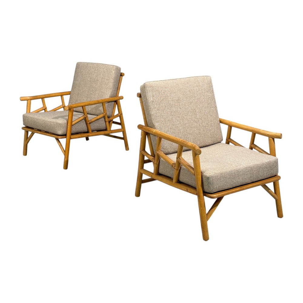 Ficks Reed, Lounge Chairs, Bamboo, Cane, Beige Tweed, USA, 1950s
