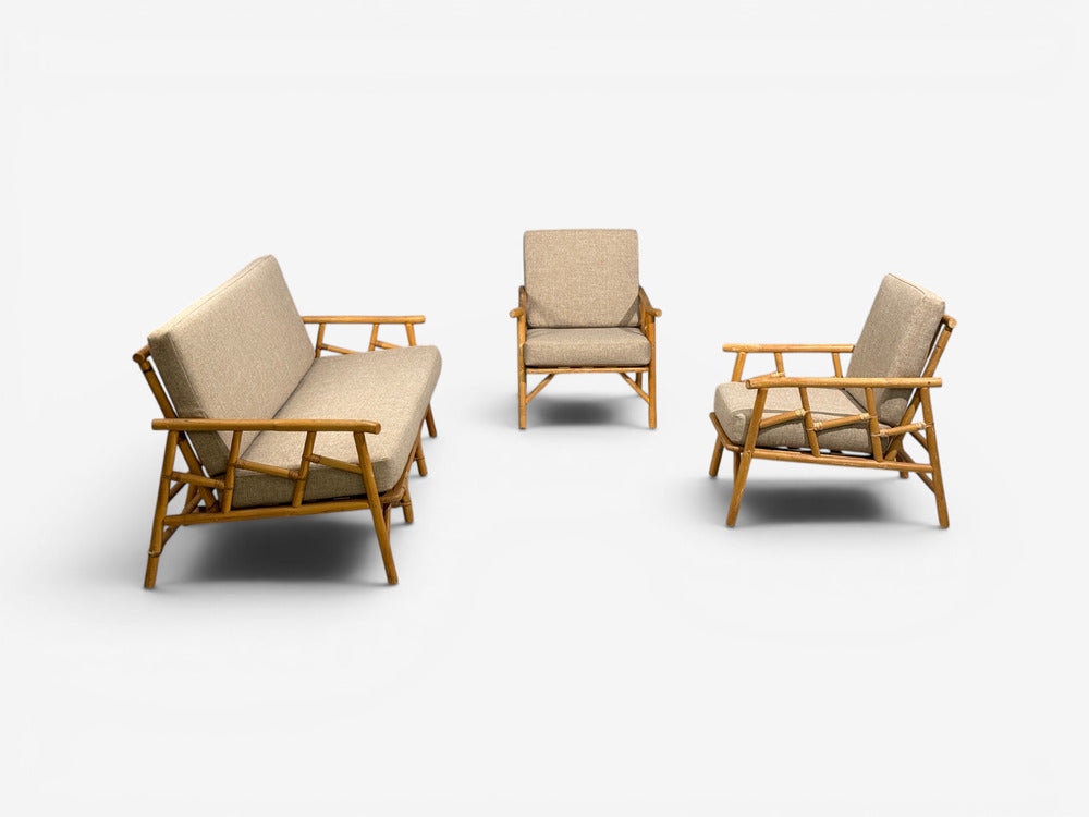 Ficks Reed, Lounge Chairs, Bamboo, Cane, Beige Tweed, USA, 1950s