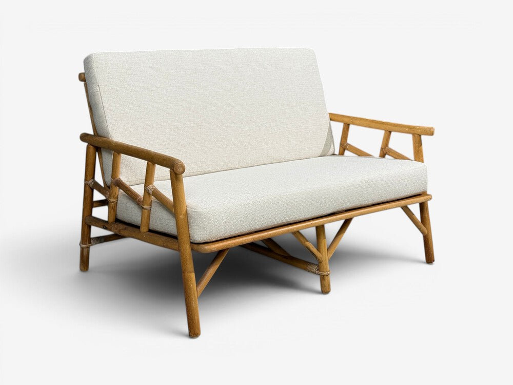 Ficks Reed, Two Seater Sofa, Bamboo, Cane, White Fabric, USA, 1950s