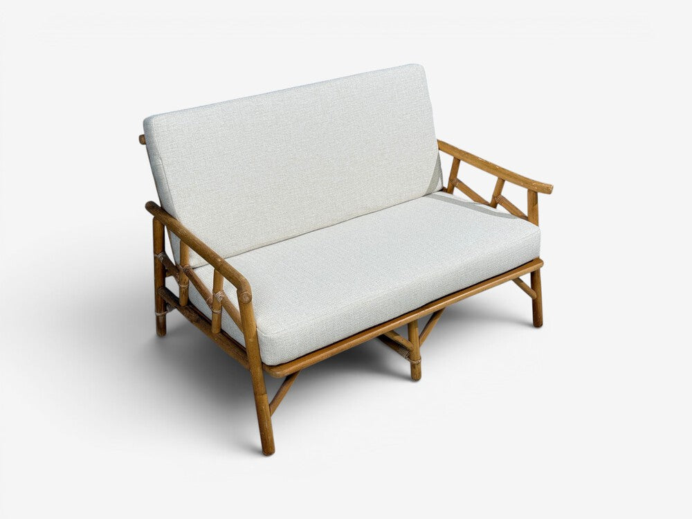 Ficks Reed, Two Seater Sofa, Bamboo, Cane, White Fabric, USA, 1950s