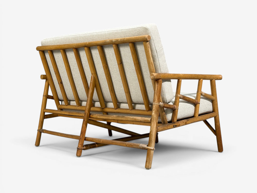 Ficks Reed, Two Seater Sofa, Bamboo, Cane, White Fabric, USA, 1950s