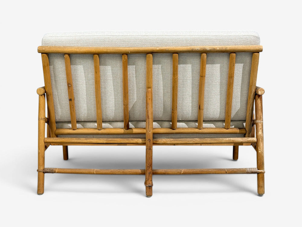 Ficks Reed, Two Seater Sofa, Bamboo, Cane, White Fabric, USA, 1950s