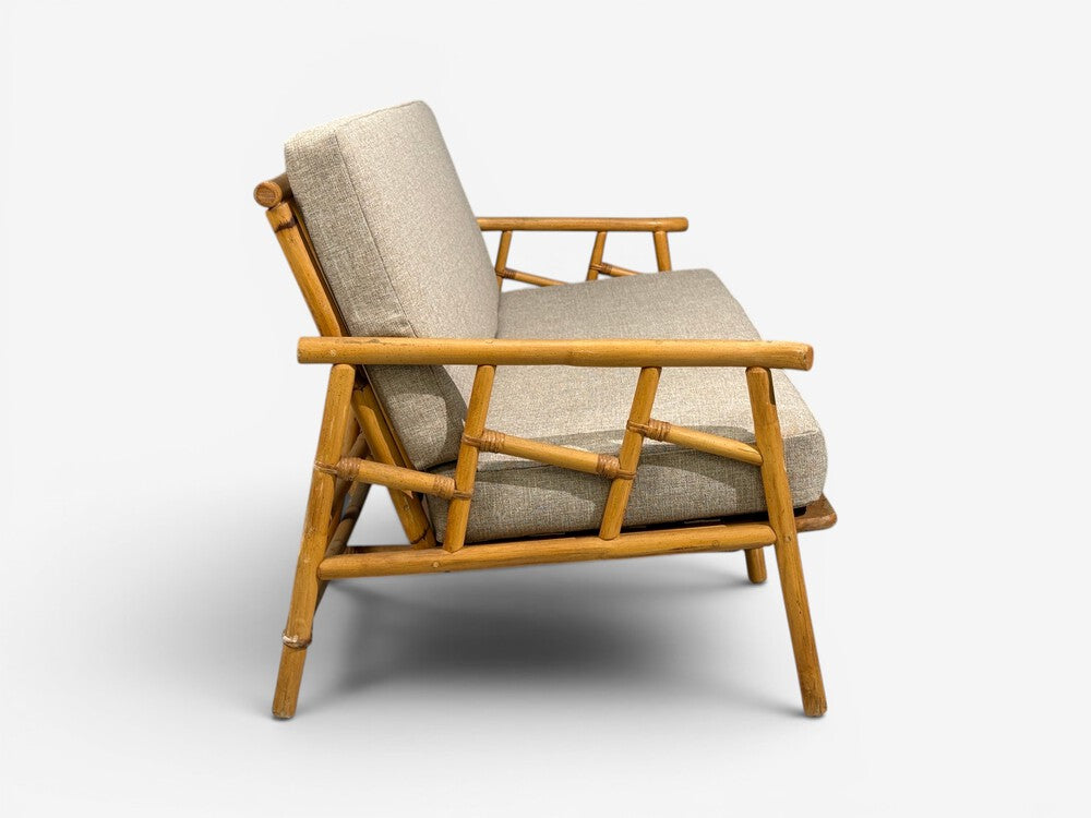 Ficks Reed, Three Seater Sofa, Bamboo, Cane, Beige Tweed, USA, 1950s