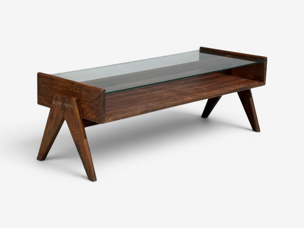 Pierre Jeanneret, Coffee Table, Teak, Glass, Chandigarh, India, 1960s