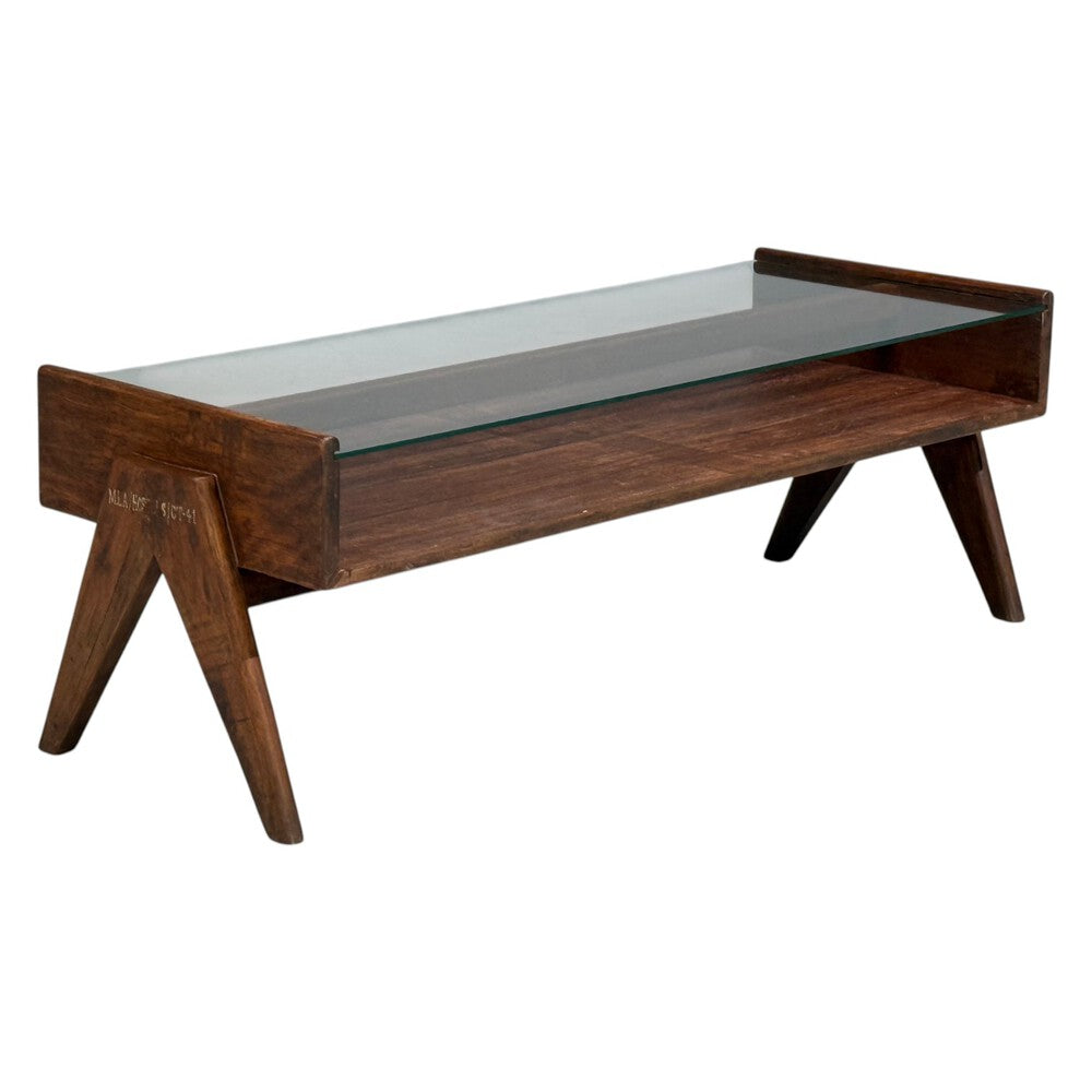 Pierre Jeanneret, Coffee Table, Teak, Glass, Chandigarh, India, 1960s