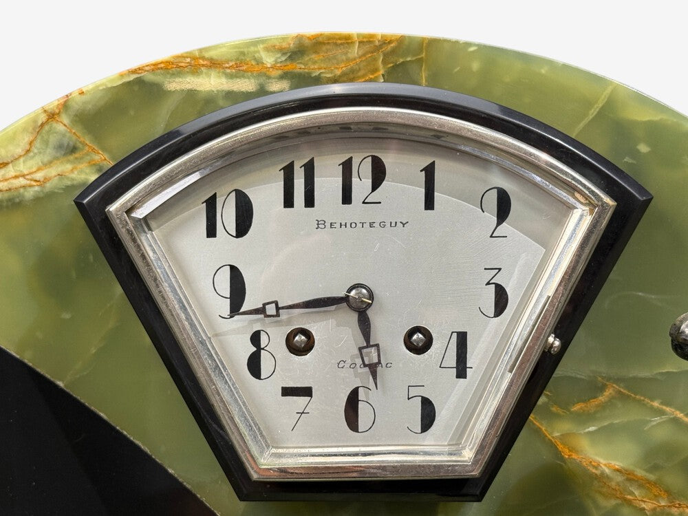 French Art Deco, Mantel Clock, Marble, Onyx, Gilt, France, 1930s