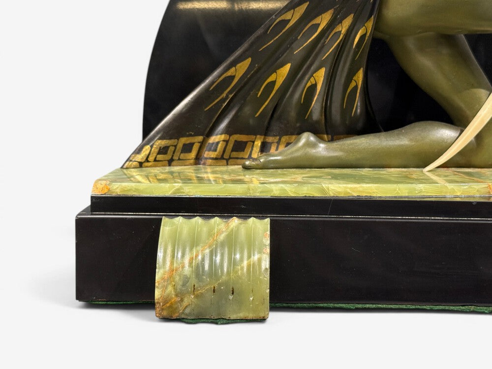 French Art Deco, Mantel Clock, Marble, Onyx, Gilt, France, 1930s