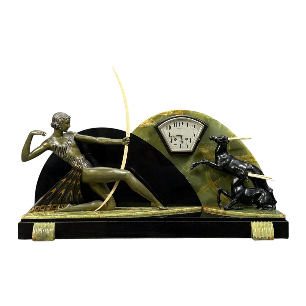 French Art Deco, Mantel Clock, Marble, Onyx, Gilt, France, 1930s
