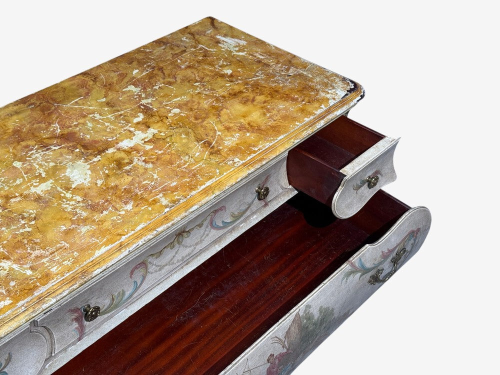 Venetian, Bombe Commode, Chinoiserie Painted, Faux Marble Top, Italy, 1920s