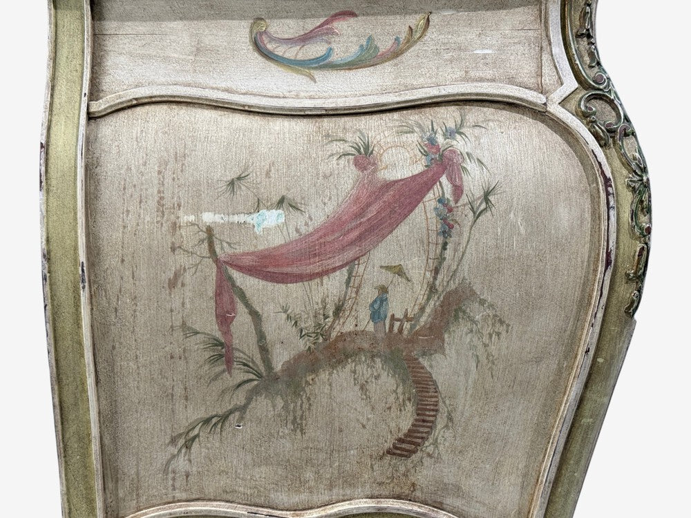 Venetian, Bombe Commode, Chinoiserie Painted, Faux Marble Top, Italy, 1920s