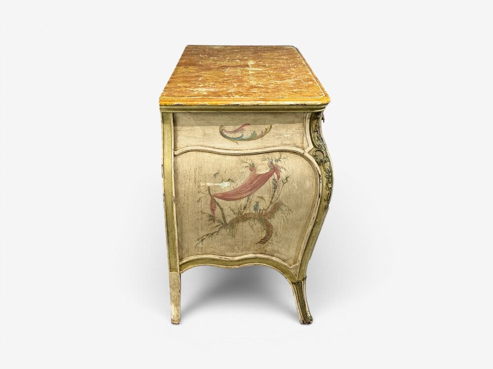 Venetian, Bombe Commode, Chinoiserie Painted, Faux Marble Top, Italy, 1920s
