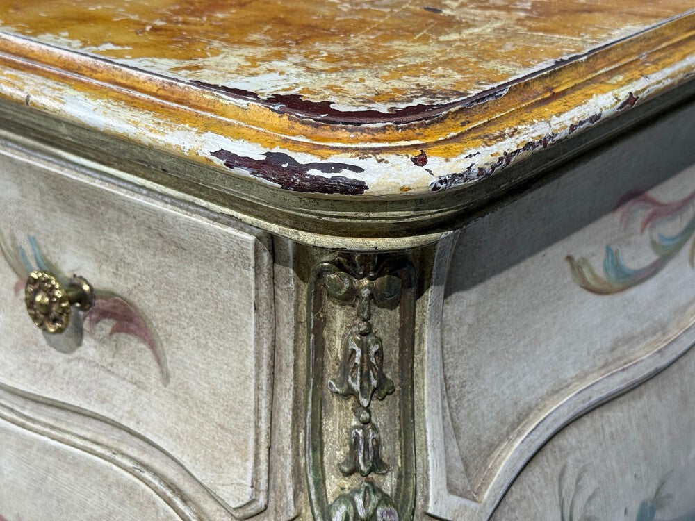 Venetian, Bombe Commode, Chinoiserie Painted, Faux Marble Top, Italy, 1920s