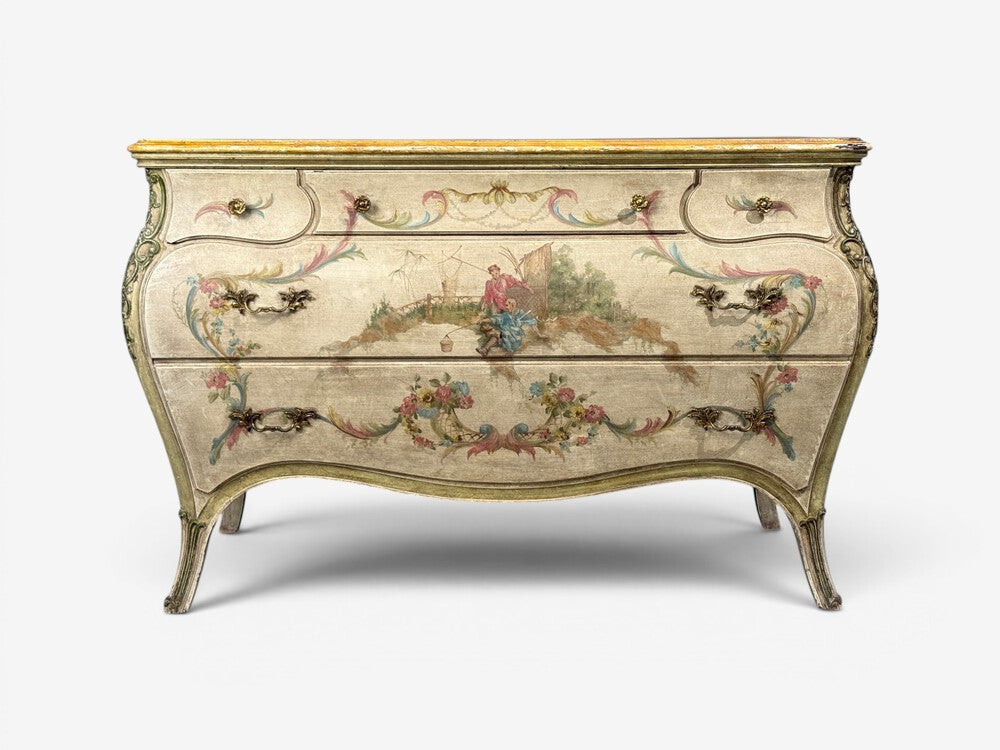 Venetian, Bombe Commode, Chinoiserie Painted, Faux Marble Top, Italy, 1920s