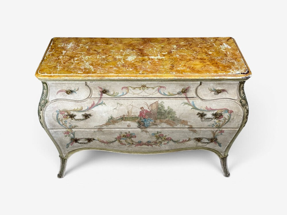Venetian, Bombe Commode, Chinoiserie Painted, Faux Marble Top, Italy, 1920s