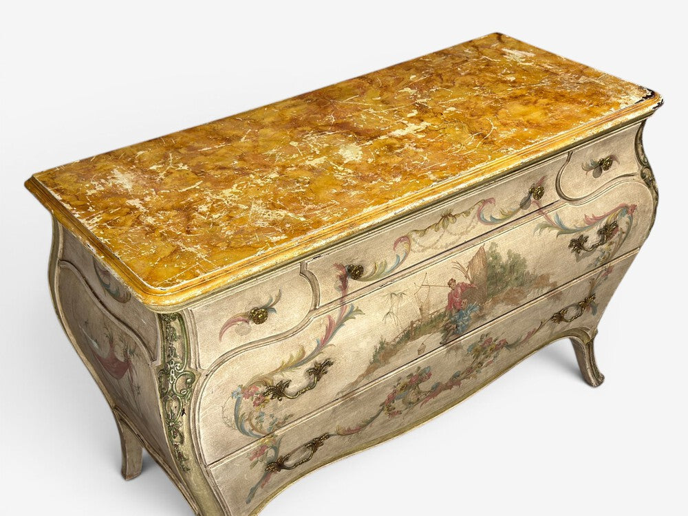 Venetian, Bombe Commode, Chinoiserie Painted, Faux Marble Top, Italy, 1920s