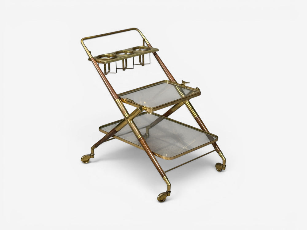 Italian Modern, Bar Cart, Teak, Brass, Glass, Italy, 1950s