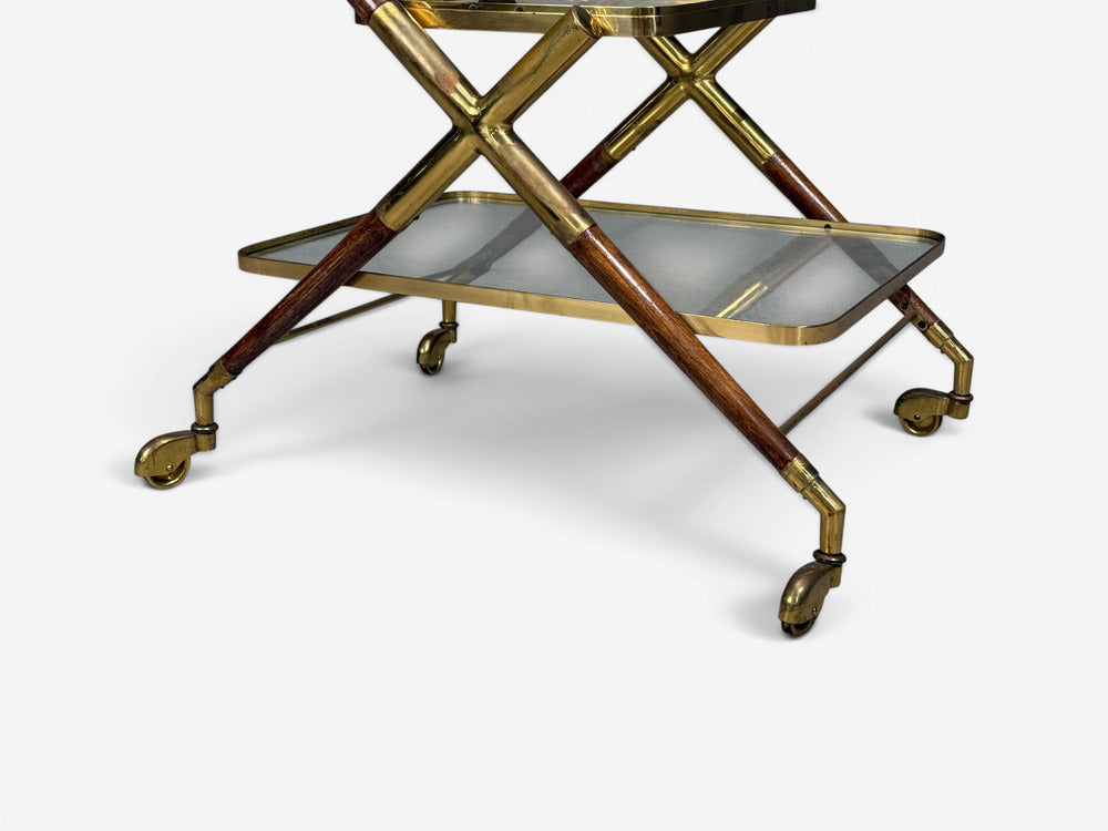 Italian Modern, Bar Cart, Teak, Brass, Glass, Italy, 1950s