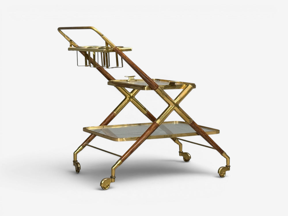 Italian Modern, Bar Cart, Teak, Brass, Glass, Italy, 1950s