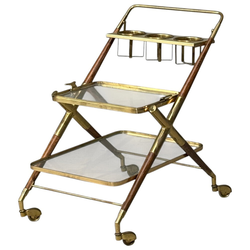 Italian Modern, Bar Cart, Teak, Brass, Glass, Italy, 1950s