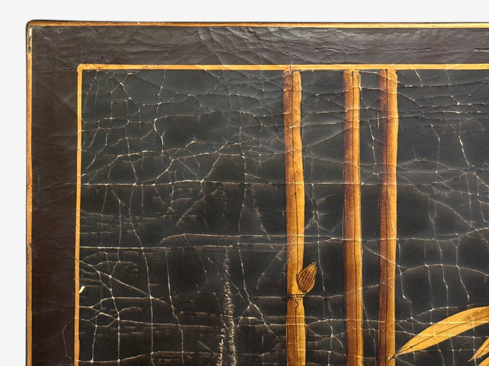 Chinese Export, Jappanned Screen, Crackle Lacquer, Gilt, Brass, China, 1960s