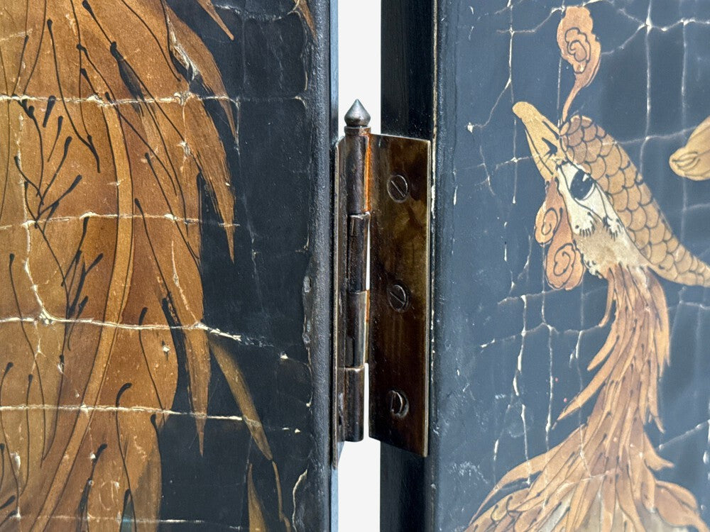Chinese Export, Jappanned Screen, Crackle Lacquer, Gilt, Brass, China, 1960s