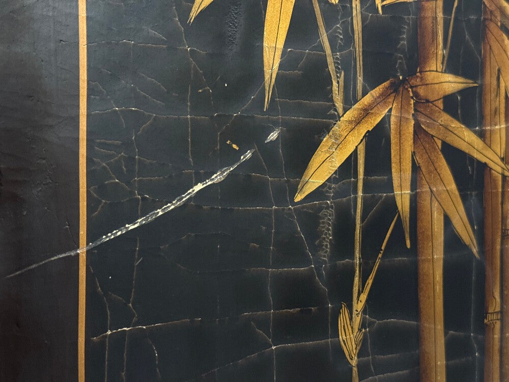 Chinese Export, Jappanned Screen, Crackle Lacquer, Gilt, Brass, China, 1960s