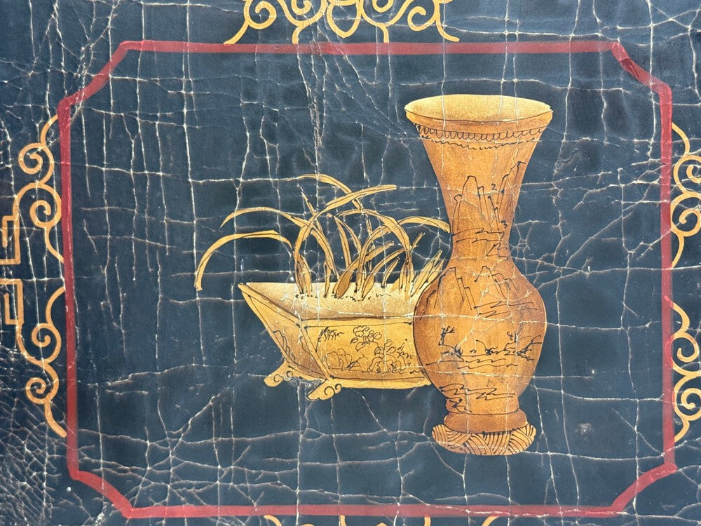 Chinese Export, Jappanned Screen, Crackle Lacquer, Gilt, Brass, China, 1960s