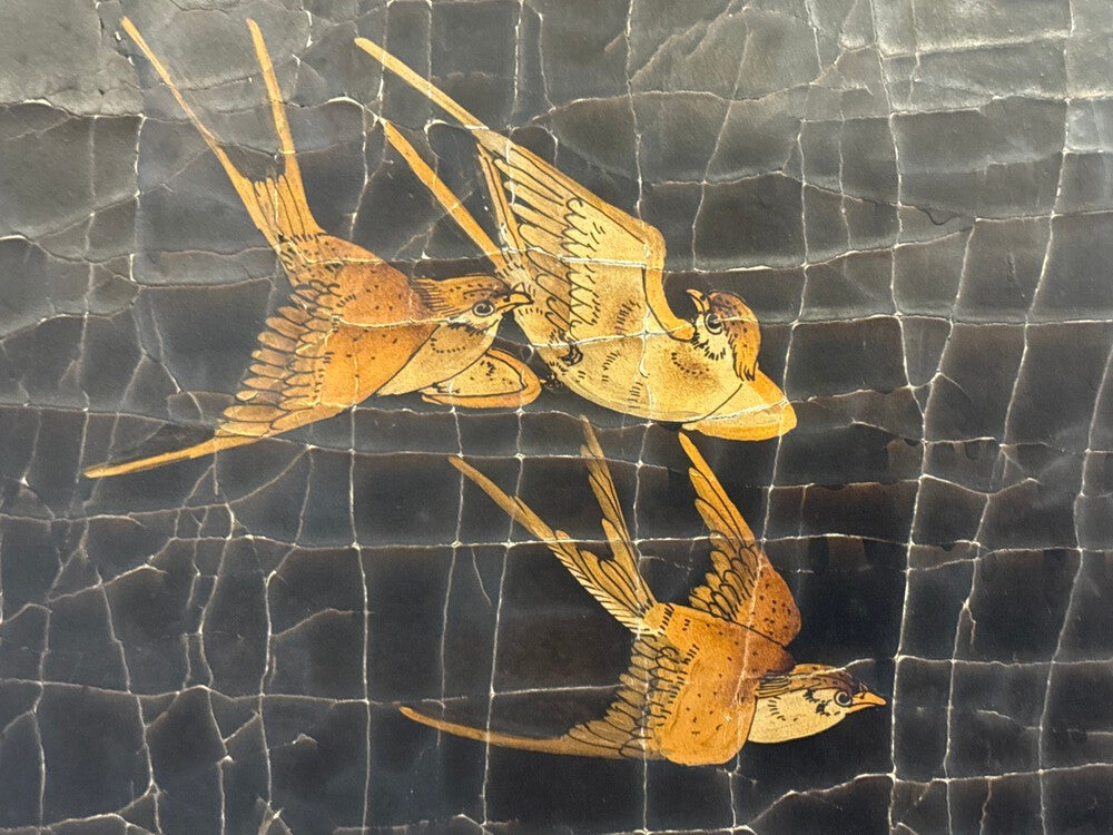 Chinese Export, Jappanned Screen, Crackle Lacquer, Gilt, Brass, China, 1960s