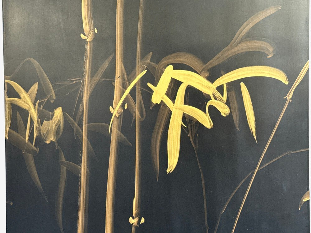Chinese Export, Jappanned Screen, Crackle Lacquer, Gilt, Brass, China, 1960s