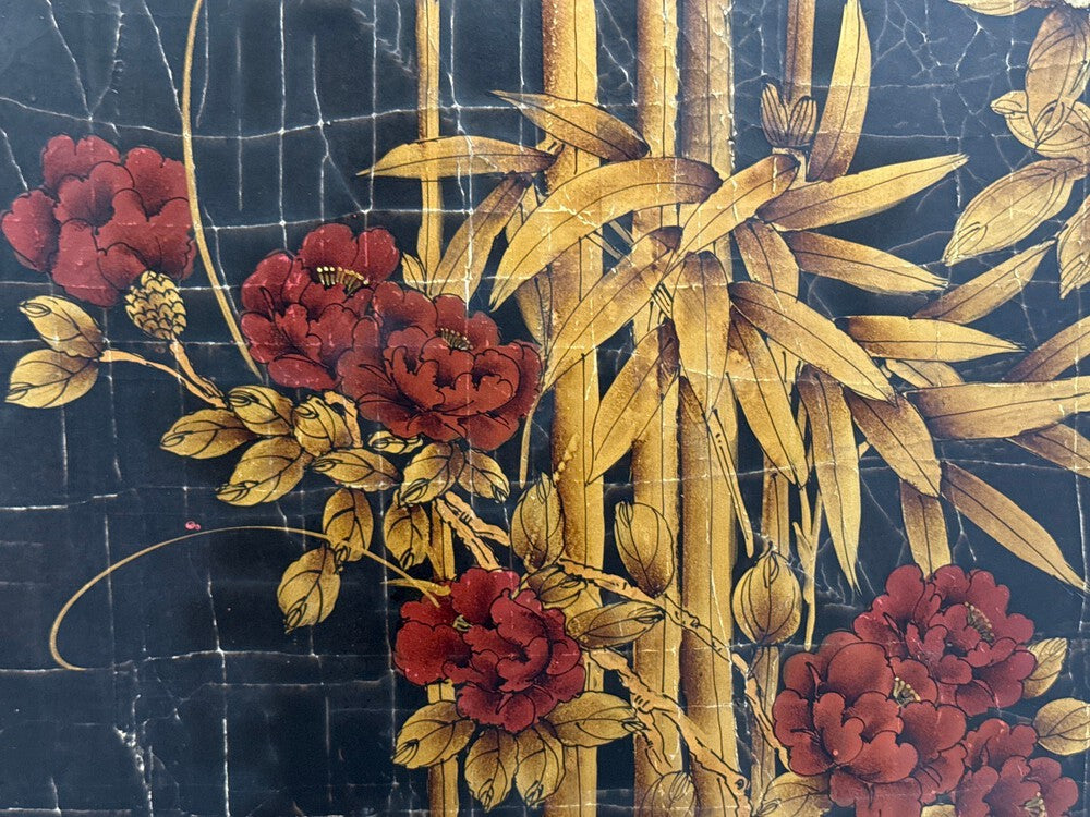 Chinese Export, Jappanned Screen, Crackle Lacquer, Gilt, Brass, China, 1960s