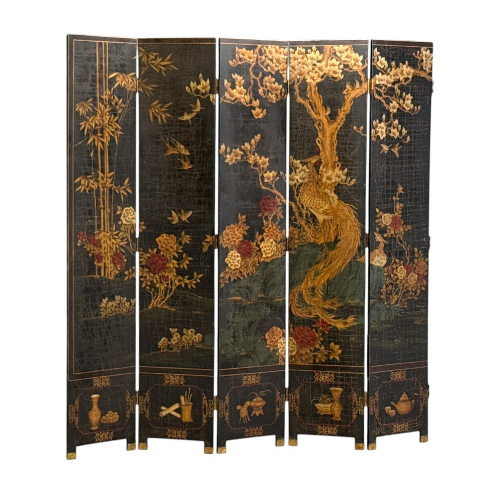 Chinese Export, Jappanned Screen, Crackle Lacquer, Gilt, Brass, China, 1960s