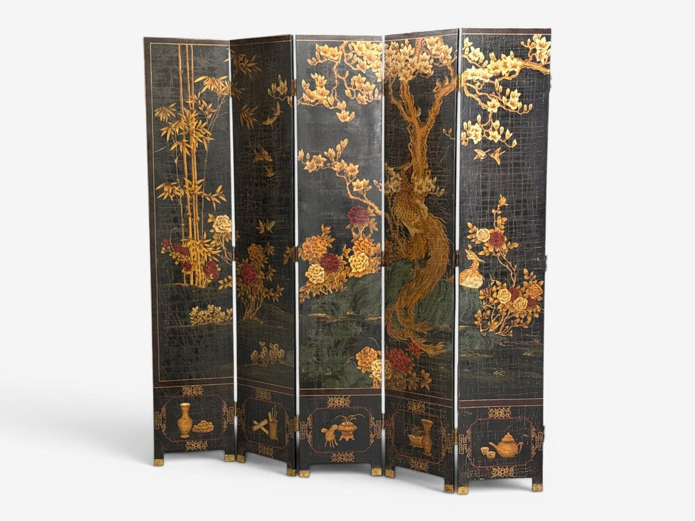 Chinese Export, Jappanned Screen, Crackle Lacquer, Gilt, Brass, China, 1960s