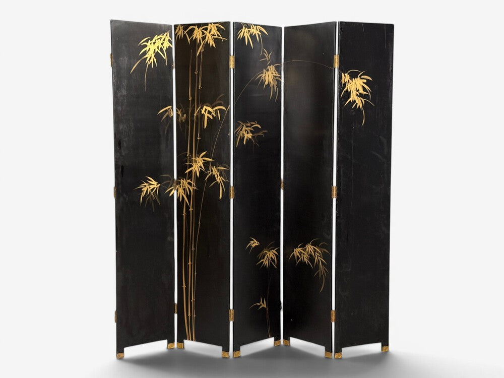 Chinese Export, Jappanned Screen, Crackle Lacquer, Gilt, Brass, China, 1960s
