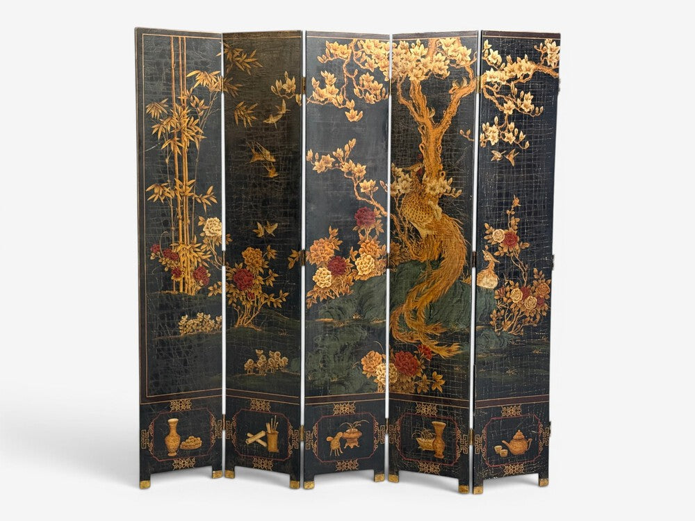 Chinese Export, Jappanned Screen, Crackle Lacquer, Gilt, Brass, China, 1960s