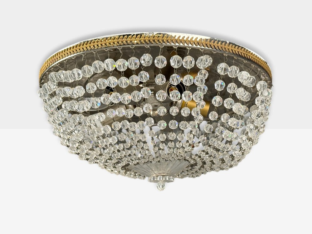 Neoclassical, Basket Flush Mount Ceiling Light, Bronze, Crystal, France, 20th c.