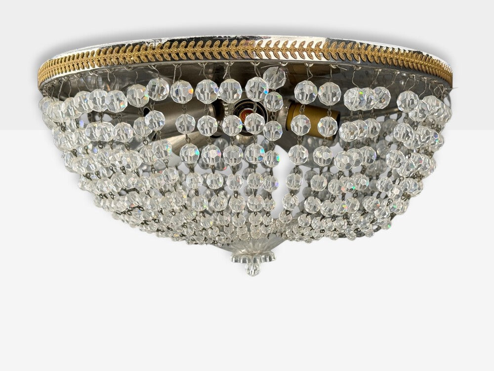 Neoclassical, Basket Flush Mount Ceiling Light, Bronze, Crystal, France, 20th c.