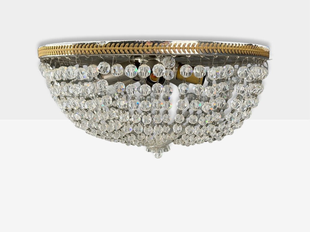 Neoclassical, Basket Flush Mount Ceiling Light, Bronze, Crystal, France, 20th c.
