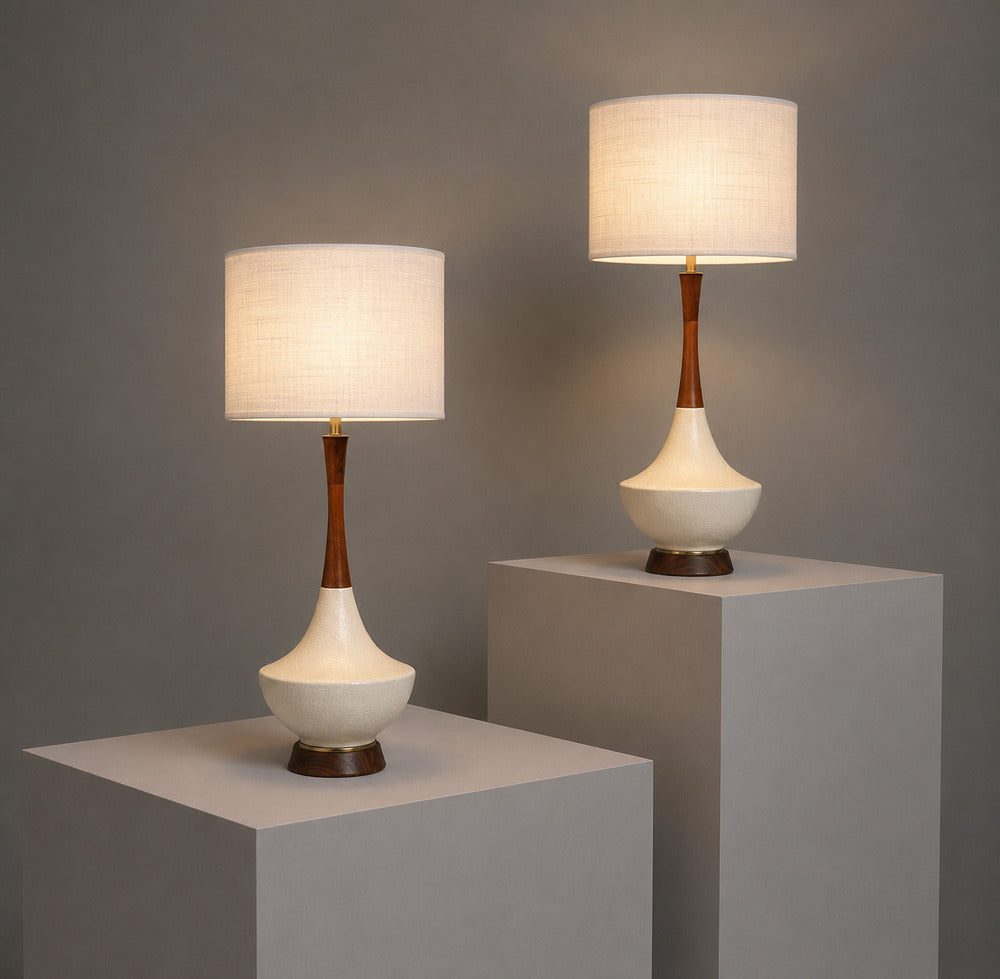 American Modern, Large Table Lamps, Porcelain, Walnut, Brass, USA, 1950s