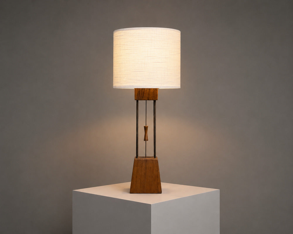 American Modern, Cage Form Table Lamp, Walnut, Brass, USA, 1960s
