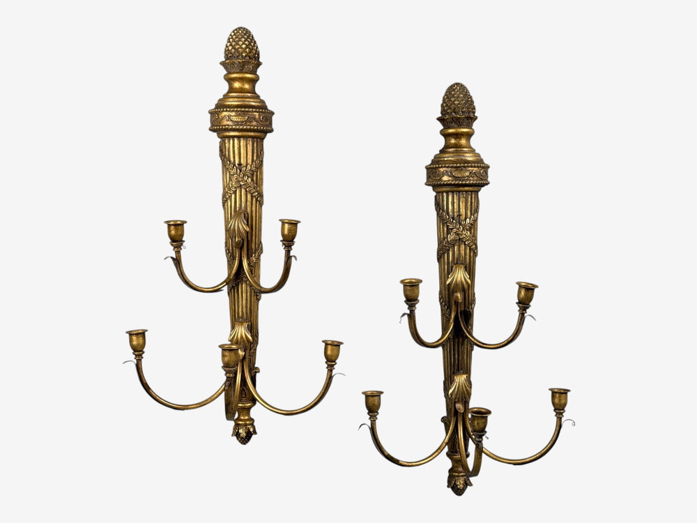 Neoclassical Style, Candelabra Wall Sconces, Giltwood, USA, 1940s