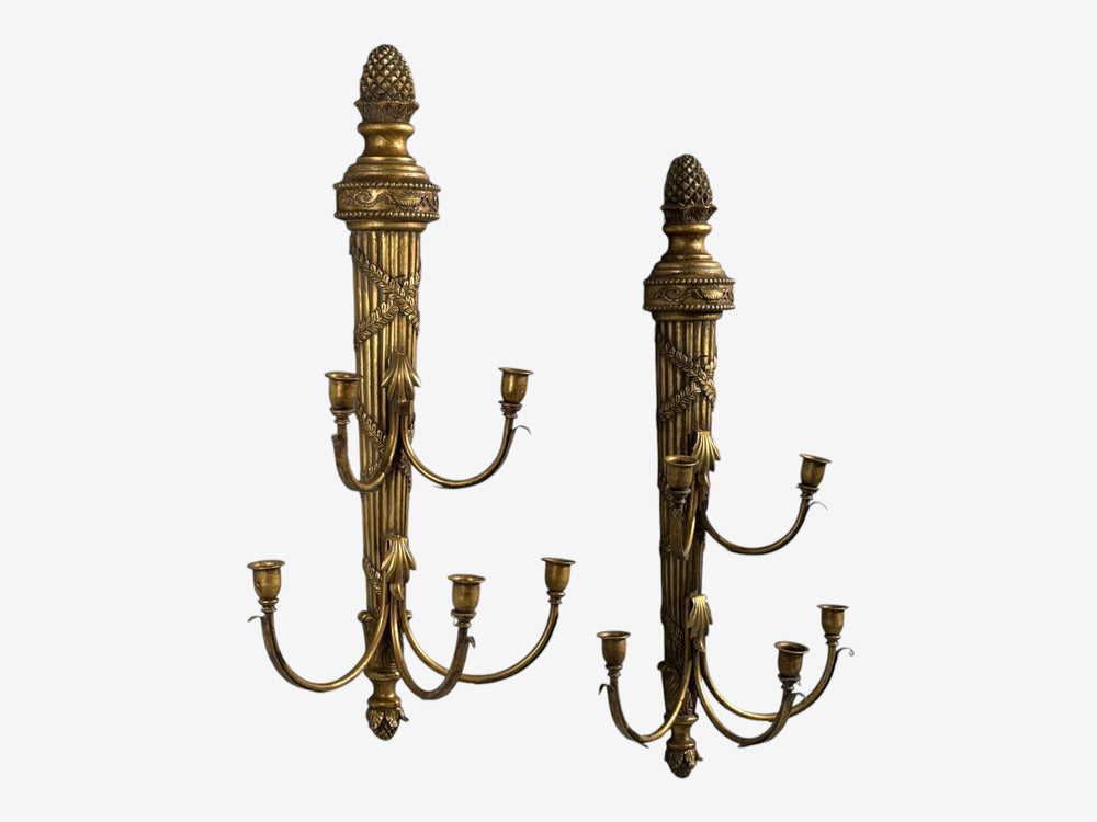 Neoclassical Style, Candelabra Wall Sconces, Giltwood, USA, 1940s