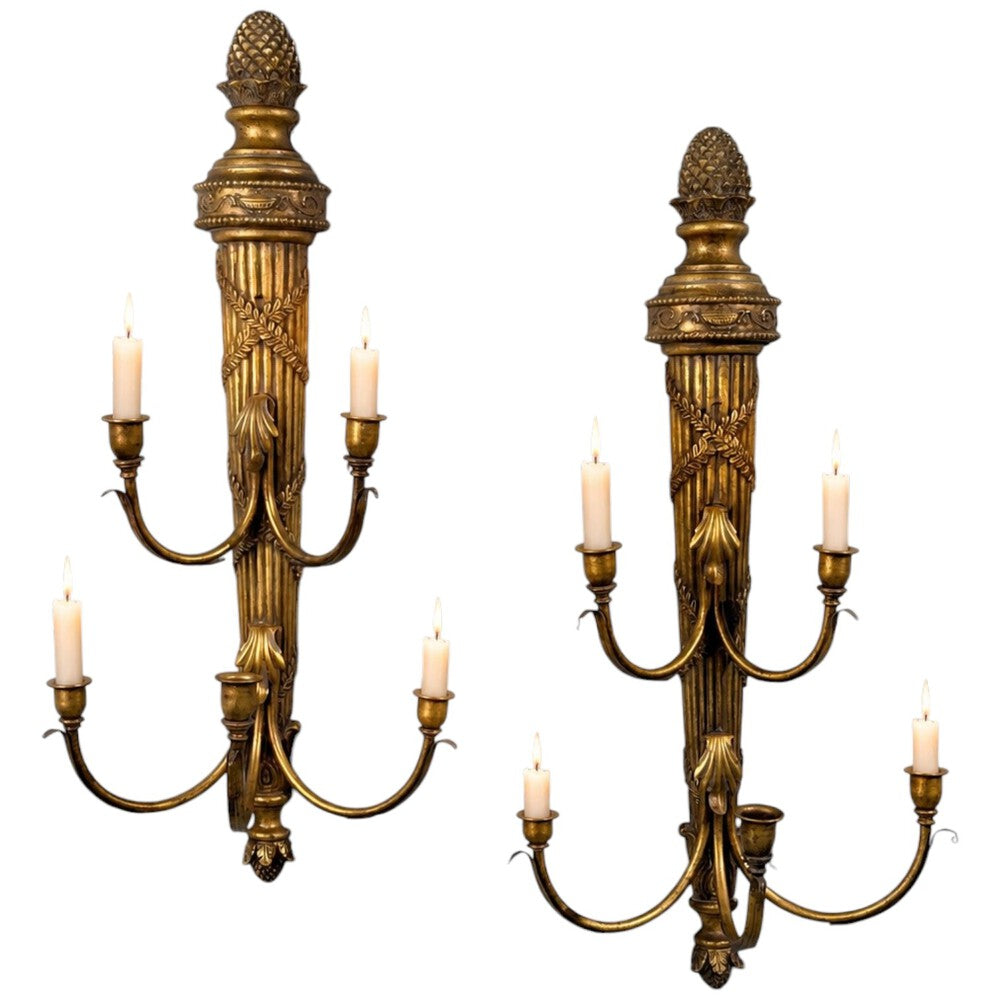 Neoclassical Style, Candelabra Wall Sconces, Giltwood, USA, 1940s