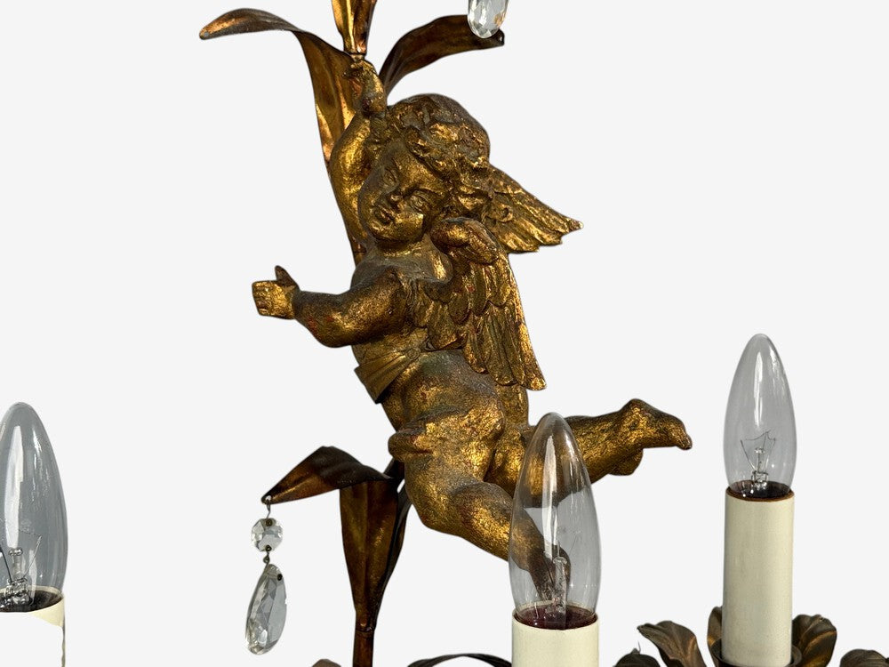 French Marie Therese Style, Cherub Wall Sconces, Gilt-Brass, Crystal, 1950s