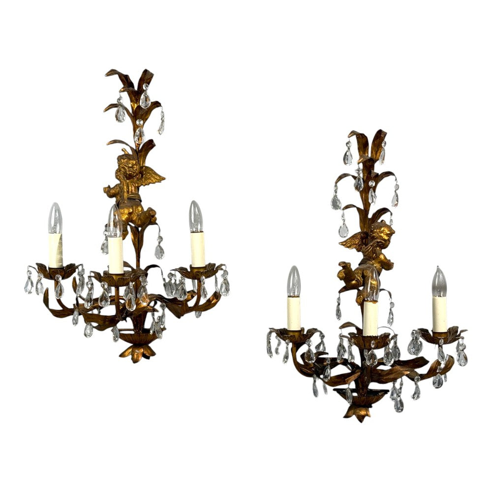 French Marie Therese Style, Cherub Wall Sconces, Gilt-Brass, Crystal, 1950s