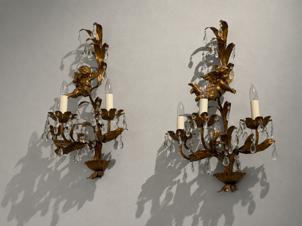 French Marie Therese Style, Cherub Wall Sconces, Gilt-Brass, Crystal, 1950s