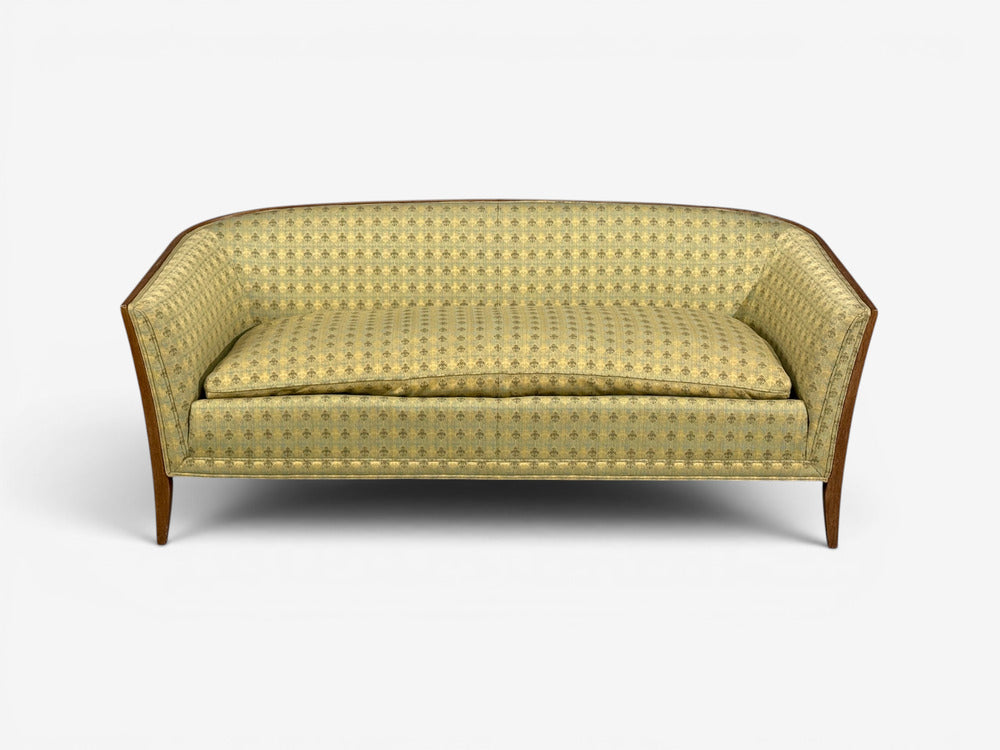 John Stuart, Irwin Furniture Co., American Mid-Century Modern, Curved Settee, Walnut, Fabric, USA, 1950s