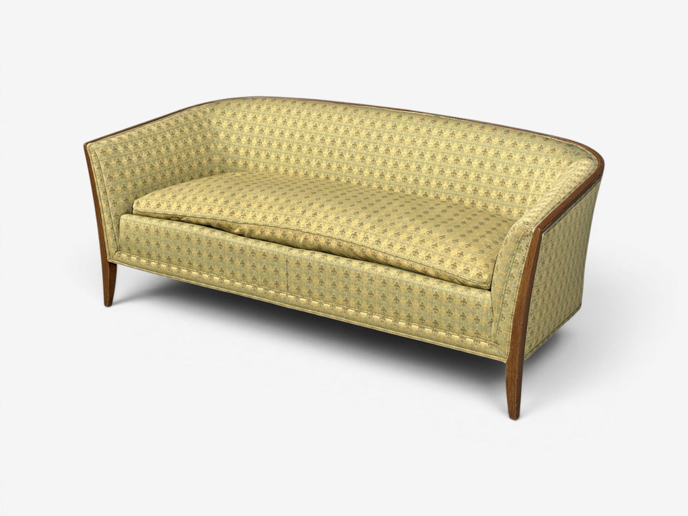 John Stuart, Irwin Furniture Co., American Mid-Century Modern, Curved Settee, Walnut, Fabric, USA, 1950s