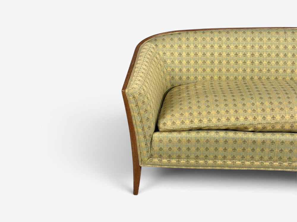 John Stuart, Irwin Furniture Co., American Mid-Century Modern, Curved Settee, Walnut, Fabric, USA, 1950s