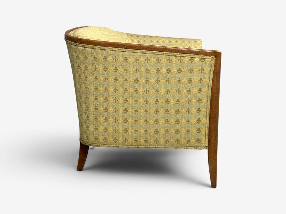 John Stuart, Irwin Furniture Co., American Mid-Century Modern, Curved Settee, Walnut, Fabric, USA, 1950s