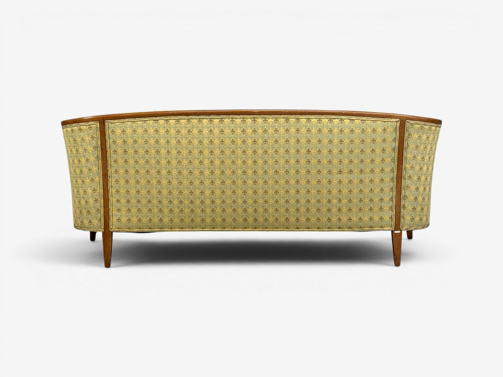 John Stuart, Irwin Furniture Co., American Mid-Century Modern, Curved Settee, Walnut, Fabric, USA, 1950s